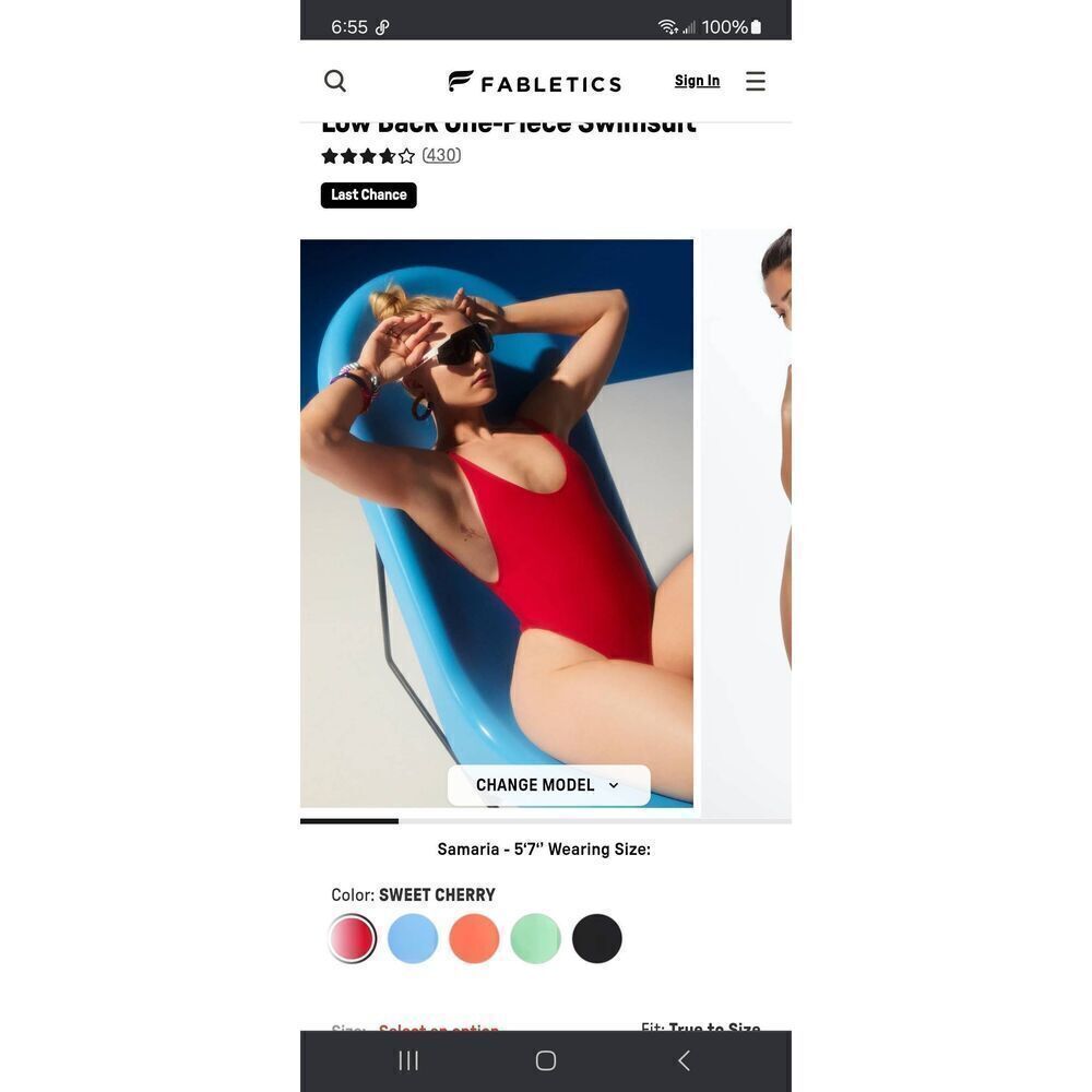 New Large Fabletics Sweet Cherry Red Low Back OnevPiece Swimsuit Bathing Suit